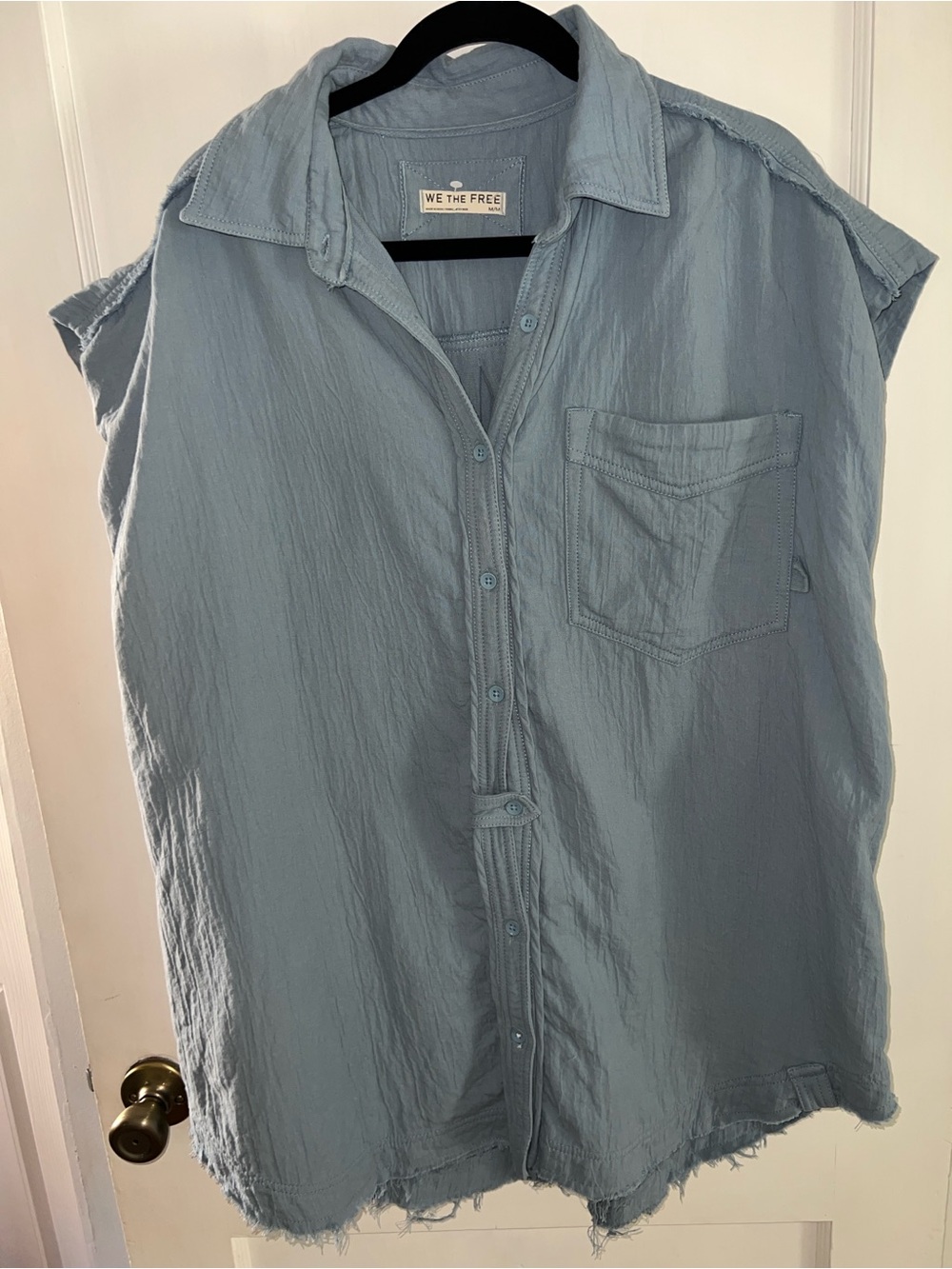 We The Free People Away At Sea Shirt Blue Cotton Linen Frayed Blouse M